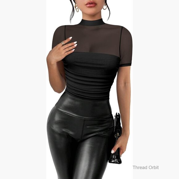 Mesh Mock Neck Bodysuit Short Sleeve Ruched Sheer Top Summer Going Out